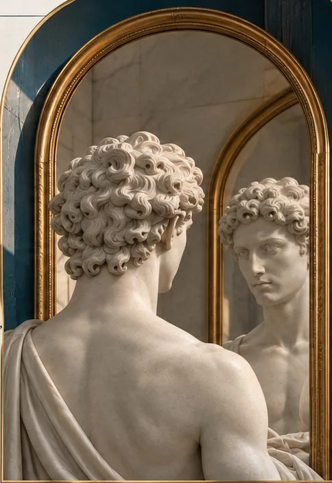 Escultura clàssica reflectida en un mirall daurat