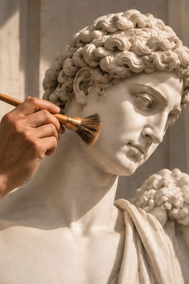 Restauració d’una escultura clàssica amb un pinzell