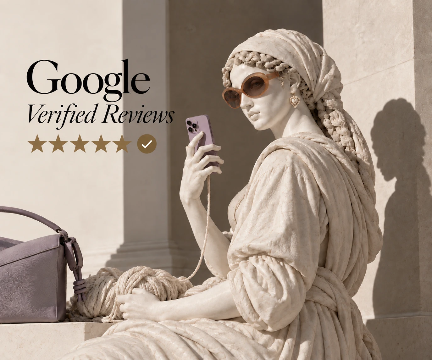 Una escultura clàssica amb ulleres de sol mirant el mòbil, al costat del rètol «Google Verified Reviews» i cinc estrelles