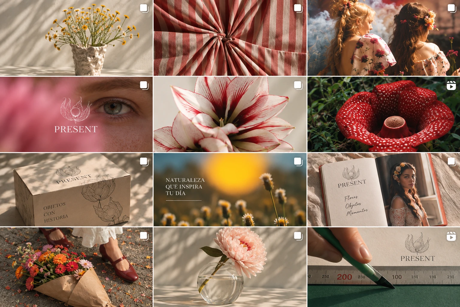 La graella de publicacions de Present: flors, retrats, packaging i peces de marca